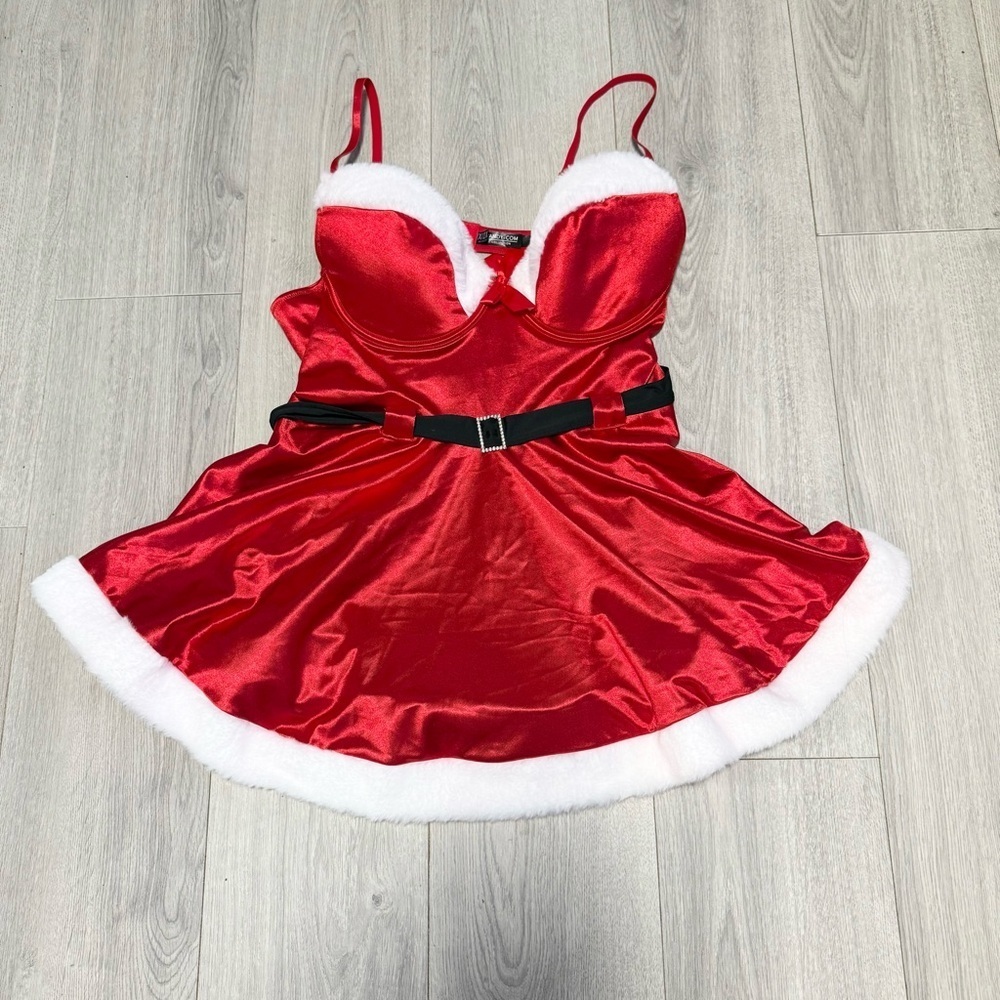 Yandy Santa Helper Lingerie Holiday Red Satin Faux Fur Trim Dress 1X 2X
